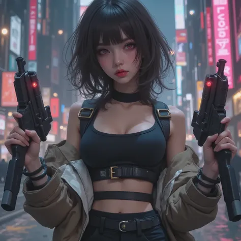 Photorealistic、realistic skin texture、tight cyberpunk fashion、Fluffy Shoulder-Length Hair、dim cyberpunk city、beautiful pink eyes、pink hair、Assault Rifles that can handle 2 at the same time
