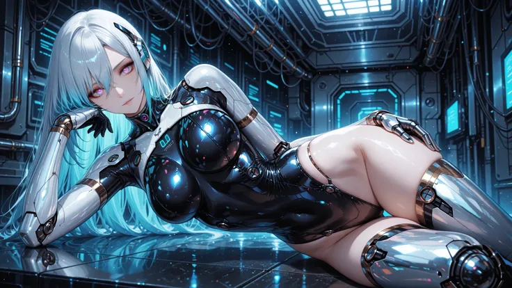 Highest Quality, masterpiece, like the picture, female android connected to head, High Leg Cyber Suit, Glowing Body Line, Sensual mechanical joints, Chrome Plated Skin, Futuristic swimsuit