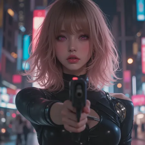 Photorealistic、realistic skin texture、tight cyberpunk fashion、Fluffy Shoulder-Length Hair、dim cyberpunk city、beautiful pink eyes、pink hair、point your gun at the camera