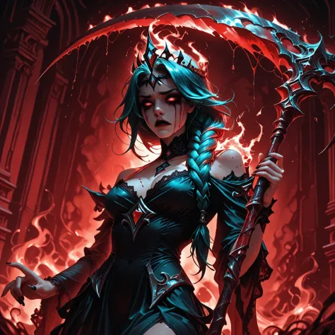 CoolgirlHDR, UHD, masterpiece, anatomically correct, super detail, best quality, high-res, 16k, solo, 1girl, turquoise hair two large pigtails braid on shoulder, makeup, runny makeup, blue empty eyes, shadow over face, sad and angry expression, circlet bla...