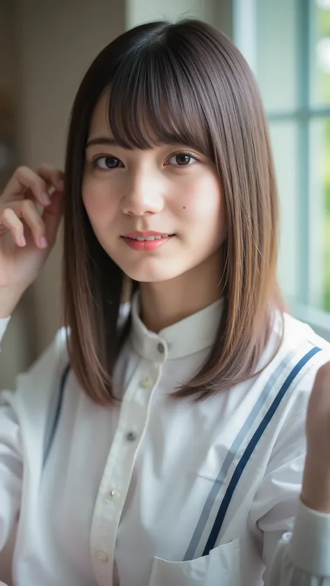 (masterpiece,Highest Quality:1.4),Original photo, detailed skin, fine pores, reality,((looking for,viewers)),((face focus)),((close-up)),Japanese women in technical writing, Smile Yan,detailed expression,live-action,Genuine,Cute Young Girl, beautiful refle...