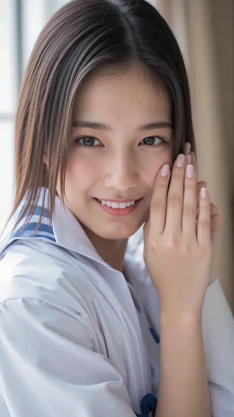 (masterpiece,Highest Quality:1.4),Original photo, detailed skin, fine pores, reality,((looking for,viewers)),((face focus)),((close-up)),Japanese women in technical writing, Smile Yan,detailed expression,live-action,Genuine,Cute Young Girl, beautiful refle...