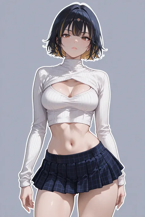 (masterpiece), best quality, expressive eyes, perfect face,1 girl, young woman, short hairs, gold eyes, looking at viewer, cowboy shot, seductive pose, serious, medium breasts, ((white shirt, cropped sweater, dark blue micro mini skirt, pleated, checkered)...