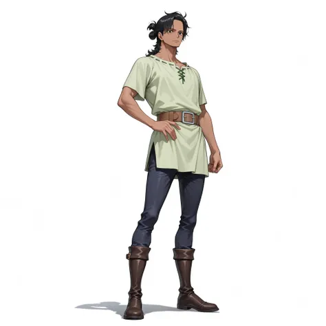 (male), (man), Slim body, (mullet hairstyle, black hair, Dark skin), (black eyes), (giant body), (giant character), (solo), (single character), (full body version), (white background), (no background), (highly detailed), (shadow), (standing pose), (natural...