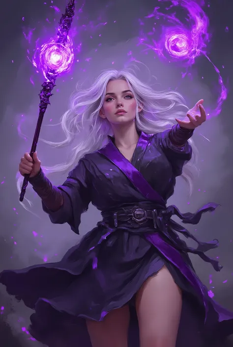 a highly detailed and realistic digital painting of a voluptuous silver-haired sorceress with a large bust, wearing a purple and black robe, wielding a magical staff, with intricate shadowy powers emanating from her, set against a surreal, photorealistic f...