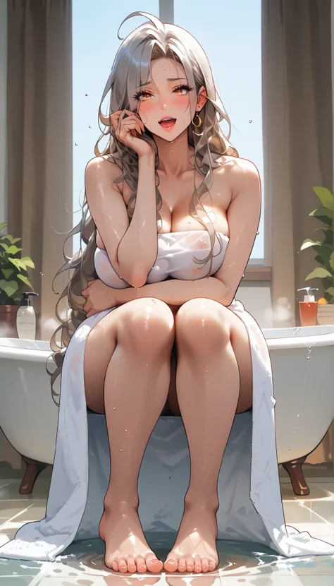 In front of the bathtub에 서 있음, Full body shot, reaching out and trying to cuddle, In front of the bathtub에 서서 욕조에 발을 올리는, feetfocusILL, feet, soles, toes, mature female, milf, motherly, foot locking, score_9, score_8_consolation, score_7_consolation, score...