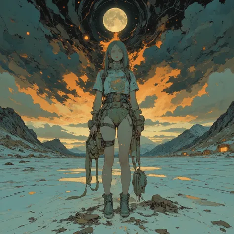 Full moon night,,,,Many eyeballs are floating in the sky,Uyuni salt lake reflects the sky,Back view of a beautiful 30-year-old woman,,Big butt, thighs, back,,Green hair long hair,,T-back swimsuit,,Beautiful woman is looking at the sky,,Thunder roar in the ...