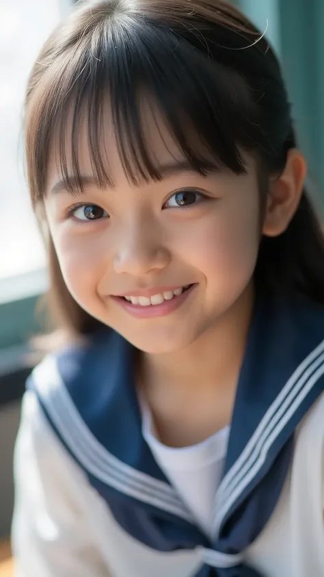 ((((Sorrisos Explosivos))))、obra-prima, maior qualidade, 8k, arte oficial, foto da vida, 信じられないほどhigh resolution, linda garota, rosto bonito, (Seated, upper body, sailor costume close to the eye, sailor costume close to the eye,:1.2), uniforme escolar, cam...