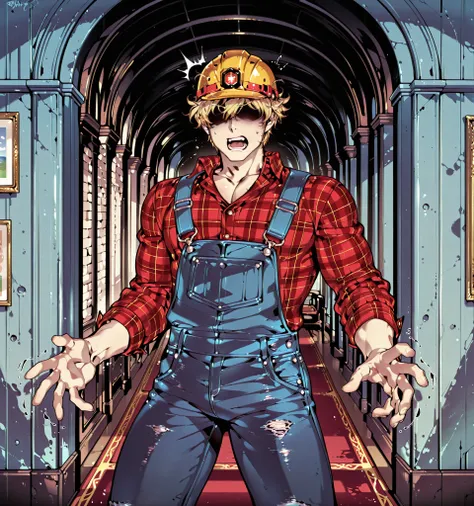 Source_anime, fishine style, 1boy, solo, adult man BREAK 

Messy hair, handsome, blond hair, (yellow hair), messy hair, short hair, hair covered eyes BREAK 

Plaid shirt, red shirt, long sleeves, collared shirt, denim overalls, blue overalls, hard hat BREA...