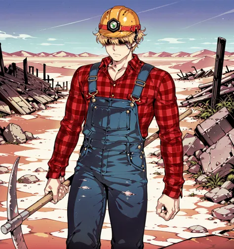 Source_anime, fishine style, 1boy, solo, adult man BREAK 

Messy hair, handsome, blond hair, (yellow hair), messy hair, short hair, hair covered eyes BREAK 

Plaid shirt, red shirt, long sleeves, collared shirt, denim overalls, blue overalls, hard hat BREA...