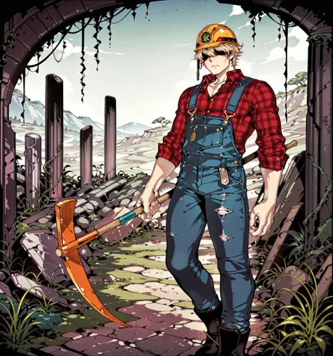 Source_anime, fishine style, 1boy, solo, adult man BREAK
Messy hair, handsome, blond hair, (yellow hair), messy hair, short hair, hair covered eyes BREAK
Plaid shirt, red shirt, long sleeves, collared shirt, denim overalls, blue overalls, hard hat BREA...