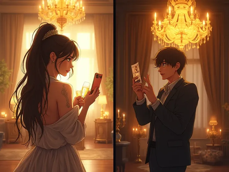 Split-scene anime-style composition with warm golden tones. Left side: a glamorous young woman in stylish travel clothes takes a selfie with her friends in a luxurious European hotel lobby, champagne glasses sparkling under golden chandeliers. Right side: ...