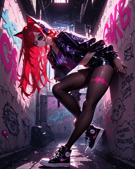 low angle, Beautiful red-haired woman wearing an open leather jacket showing a purple top and short shorts with tights and black high-top sneakers with pink details, sunglasses slightly lowered showing a little of her violet eyes, headset of cat ears, a lo...
