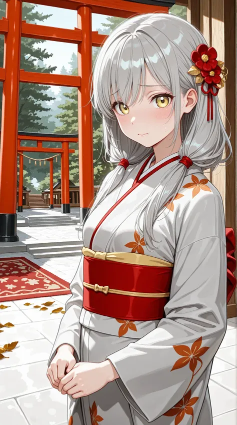 8K (high resolution) (Super Detailed)　(masterpiece)　(Highest Quality)　Best quality　animated illustration　detailed eyes　detailed face　Feminine detailed hand　Delicate hair　 detailed wrinkles on clothes　Fine Skin　detailed background　solo　yellow eyes　(Grey Hai...