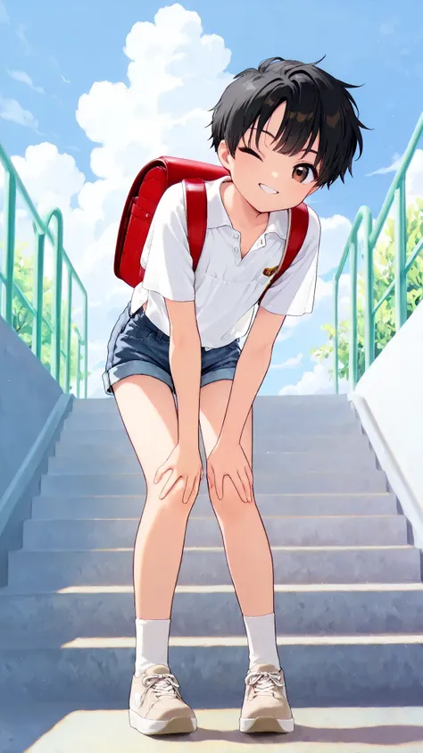 (Masterpiece: 1.3), (High resolution, Highly detailed), (Author: Fujiyama), 1 Boy, Solo, (Young boy), ((Elementary school student)), ((Randoseru)), Short shiny black hair, Hair blowing in the wind, (Large detailed brown eyes, Wink), Smile, (Unbuttoned loos...