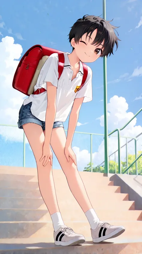 (Masterpiece: 1.3), (High resolution, Highly detailed), (Author: Fujiyama), 1 Boy, Solo, (Young boy), ((Elementary school student)), ((Randoseru)), Short shiny black hair, Hair blowing in the wind, (Large detailed brown eyes, Wink), Smile, (Unbuttoned loos...