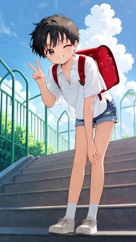 (Masterpiece: 1.3), (High resolution, Highly detailed), (Author: Fujiyama), 1 Boy, Solo, (Young boy), ((Elementary school student)), ((Randoseru)), Short shiny black hair, Hair blowing in the wind, (Large detailed brown eyes, Wink), Parted mouth, Smile, (U...