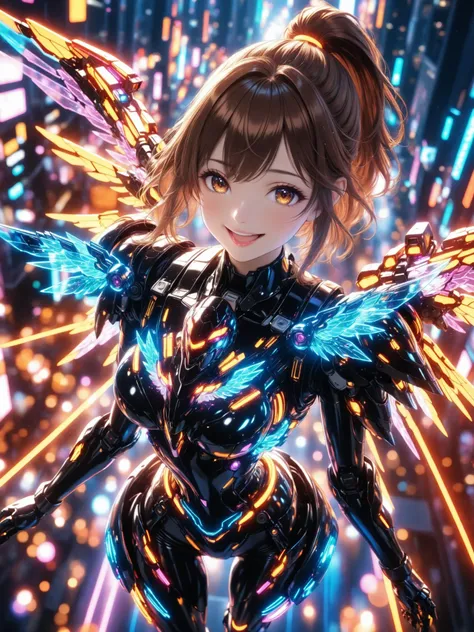 Anime Beautiful Girl, brown hair, ponytail, latex costume, Cybersuit,Mecha Armor, mechanical wing parts, Cyberlighting, Smile Yan, open your mouth, from above, Cyber Neon City, EXQUISITE AND REALISTIC、soft lighting、Warm Colors、Beautiful bokeh、4K rendering 