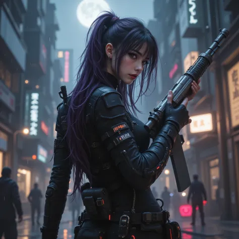 female android assassin, Midnight ,Cyberpunk City with Violent Explosions and White Smoke,intense shootout with lots of bullets flying around, Look into the scope and hold up the rifle,(Highest Quality,4K,8k,high resolution,masterpiece:1.2),super detailed...