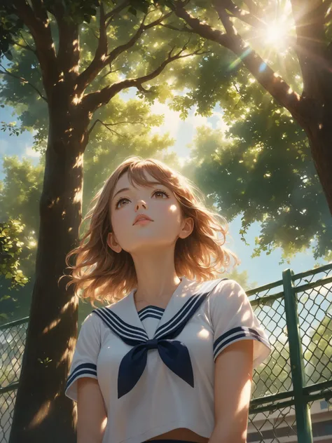  school girl in sailor suit ,Lean in,staring at the sky,looking up from below,Schoolyard,fence,Early Afternoon,sunlight filtering through the trees,refreshing,grace,peaceful ,Thinning,Elegant,Realistic, 4K quality ,Masterpiece,Extremely Detailed Descriptio...