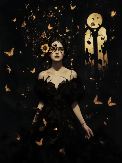 a stunning goddess of darkness and shadow, embodying the seductive dangers of the night, ethereal pale skin with a luminous glow against pitch-black surroundings, adorned with intricate jewelry made of obsidian and starlight, flowing black diaphanous gown ...