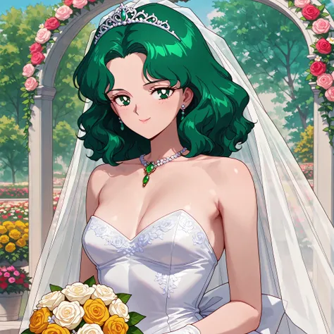 masterpiece, amazing quality, best quality, ultra-detailed, 8K, illustration, clear skin, ultra-detailed-eyes, soft skin, very awa, very as2, soft body, 1990s \(style\), official art, 1girl,solo,adult woman, michiru kaiou, dark green eyes, green hair, medi...