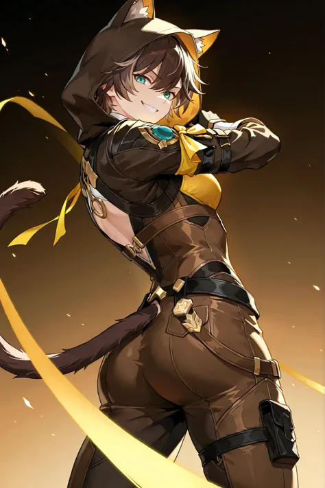 tomboy,cipher \(honkai star rail\),1girl,hood,tail, , animal ears, cat ears, animal hood, cat hood,two-tone lighting, (looking at viewer, side shot:0.72), dynamic shot, dynamic pose, warrior, (medium shot, three quarter shot:1.1), (1girl:0.35), solo, maste...
