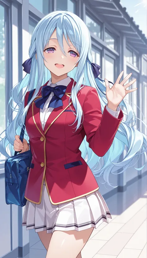score_9, score_8_up, score_7_up , source_anime, digital illustration, 1girl, hiyori shiina, hair ribbon ,light blue hair ,purple eyes, school unifrom, red jacket, blue bowtie, white skirt, pleated skirt,glossy lips, thigh, cowboy shot ,open mouth,walking ,...