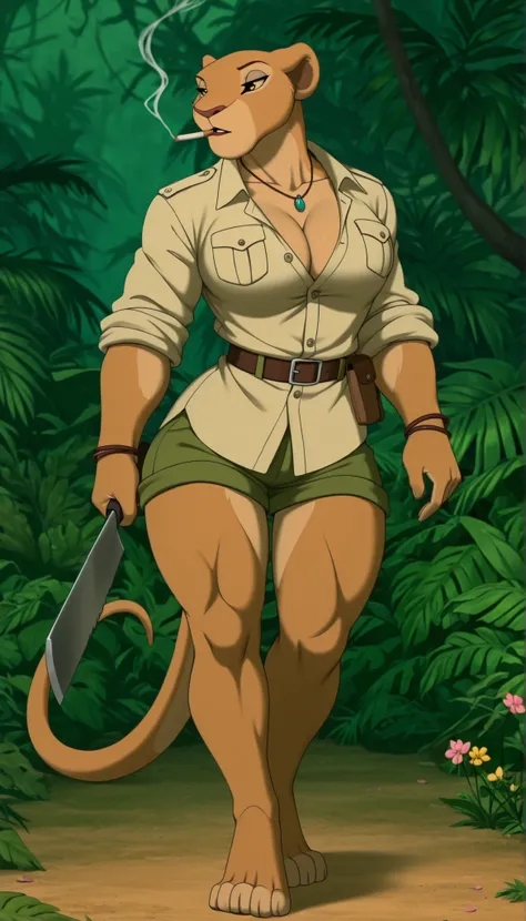 nala as anthropomorphic lioness princess in a garden, Nala, yellow eyes, (makeup), ((anthro)), lioness, tail, necklace, bracelets, (military uniform), adventurer, ((safari outfit)), (beige button down shirt), collarbone, ((cleavage)), ((unbuttoned shirt)),...