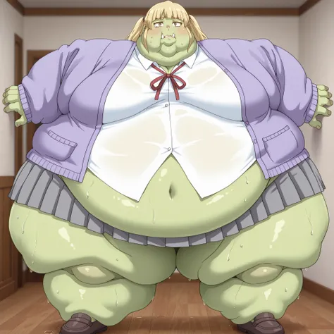 Becoming a orc, monster, Orc, Female Orc, green skin, tusks, Orc, fangs, 1girl, white shirt, school uniform, brown eyes, skirt, breasts, blonde hair, purple jacket, soaks, shoes, blank_stare, empty_stare,  fat, chubby, obese, gigantic arms and legs, large ...
