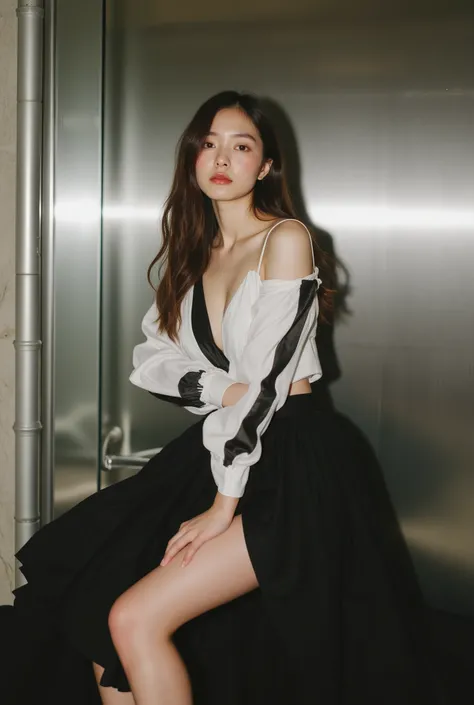 High-End Fashion Photos of Asian Models Wearing Specially Designed Black and White Dresses, (big boobs:1.5) ,tight waist shows proportion, flowing long skirt, Sexy Poses, Realistic sharp face, pastel finish background, Highlight Textures and Textures.