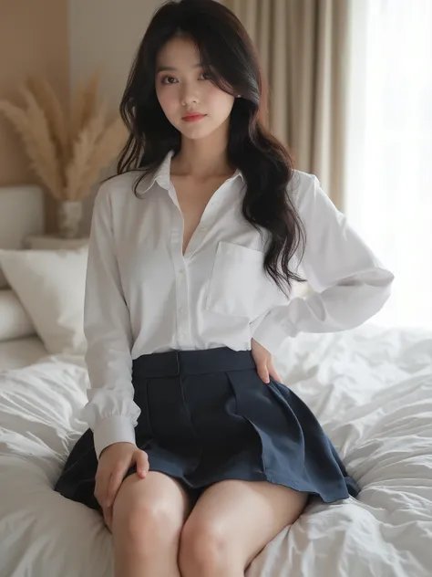 huge Breasts、((Japanese woman)) , (( white Y shirt))、(Curvy Body)、 sensual expression of a classy woman、((good angle))、lightly 、I'm staring 、耳环,项链,乳沟,低胸,pantyhose,on the bed、(is wearing a pleated skirt indoors) 、(thigh)、(( open))、(Panta close-up)、((high ...