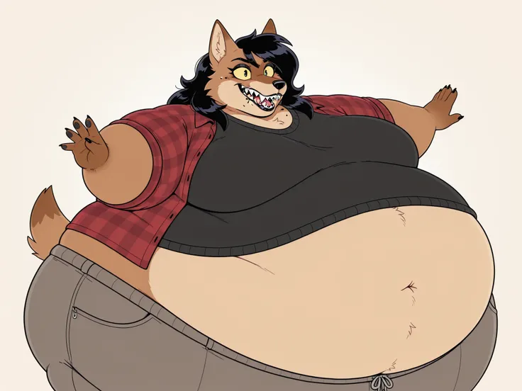 Anthro, female furry, brown coyote, brown fur, black lipstick, 1girl, solo, mole, light yellow sclera, flannel, black undershirt, pants, black hair, long hair, sharp teeth, chubby, obese, navel
