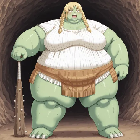 Becoming a orc, monster, Orc, Female Orc, green skin, tusks, Orc, fangs, 1girl, brown eyes, breasts, blonde hair, fabric clothes, loincloth, blank_stare, empty_stare,  fat, chubby, obese, gigantic arms and legs, large breasts, sweating, wet body, swollen f...
