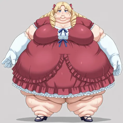 Margarita Dresden, long hair, drill hair, hair ribbon, medium breasts, chubby, thick lips, red dress, frills, elbow gloves, high heels, blank_stare, empty_stare,  fat, chubby, obese, gigantic arms and legs, large breasts, sweating, wet body, swollen face, ...