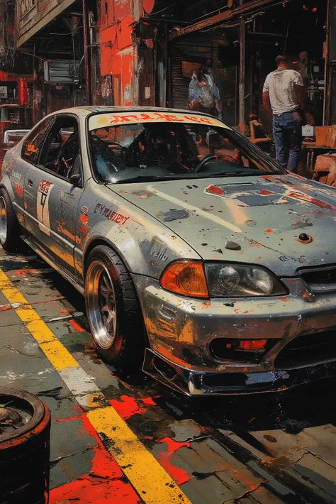 A poster showing a vintage racing car, a tuned 1998 Honda Civic coupe, with a very low suspension, sparkling, metallic silver, heavy, wheels turned outwards, wide tires, tinted windows, with text and numbers on it. The car is depicted in great detail, with...