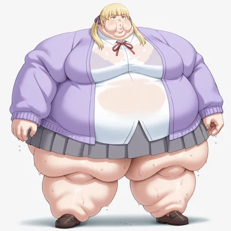 1girl, white shirt, school uniform, brown eyes, skirt, breasts, blonde hair, purple jacket, soaks, shoes, blank_stare, empty_stare,  fat, chubby, obese, gigantic arms and legs, large breasts, sweating, wet body, swollen face, Fat_neck , Fat head , eyes wit...