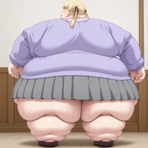 1girl, white shirt, school uniform, brown eyes, skirt, breasts, blonde hair, purple jacket, soaks, shoes, blank_stare, empty_stare,  fat, chubby, obese, gigantic arms and legs, large breasts, sweating, wet body, swollen face, Fat_neck , Fat head , eyes wit...