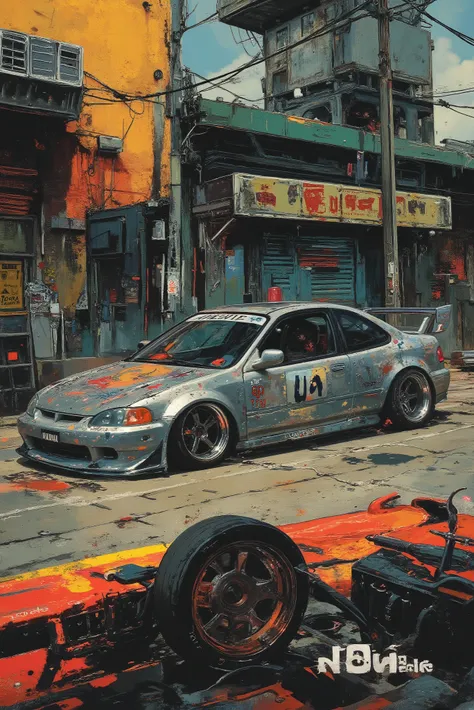 A poster showing a vintage racing car, a tuned 1998 Honda Civic coupe, with a very low suspension, sparkling, metallic silver, heavy, wheels turned outwards, wide tires, tinted windows, with text and numbers on it. The car is depicted in great detail, with...