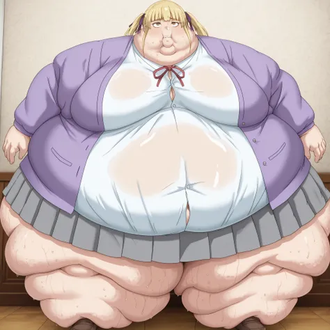 1girl, white shirt, school uniform, brown eyes, skirt, breasts, blonde hair, purple jacket, soaks, shoes, blank_stare, empty_stare,  fat, chubby, obese, gigantic arms and legs, large breasts, sweating, wet body, swollen face, Fat_neck , Fat head , eyes wit...
