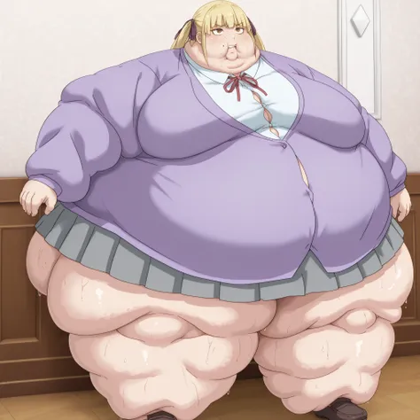 1girl, white shirt, school uniform, brown eyes, skirt, breasts, blonde hair, purple jacket, soaks, shoes, blank_stare, empty_stare,  fat, chubby, obese, gigantic arms and legs, large breasts, sweating, wet body, swollen face, Fat_neck , Fat head , eyes wit...