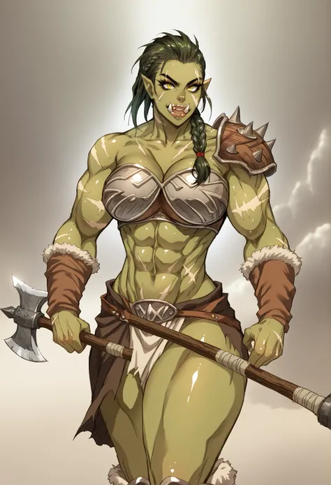 Threatening and powerful orc woman, olive green skin with battle scars, marked and defined muscles, fierce expression, intense eyes and prominent fangs, dark and matted hair collected in a thick braid, dressed in worn tribal armor and details of old leathe...
