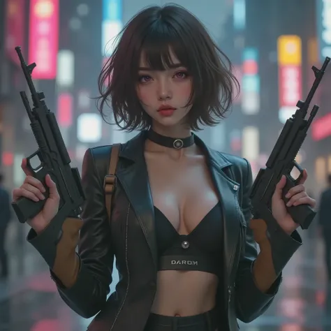 Photorealistic、realistic skin texture、tight cyberpunk fashion、Fluffy Shoulder-Length Hair、dim cyberpunk city、beautiful pink eyes、pink hair、Assault Rifles that can handle 2 at the same time