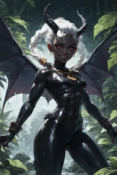 She looks like Elena from Street Fighter and has a horizontal scar across her nose. The black-leather-skinned Bat-demon-girl has white and dark dreadlocks and ponytail, skin like black latex, red-coloured eyes, claws and with sharp teeth, and abs. deep red...