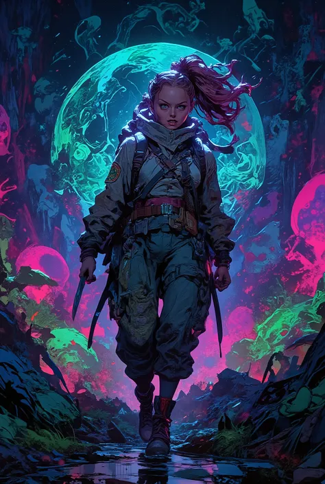 SF comic style, flat color, European bande dessinée illustration, real illustration, A female adventurer with a panicked expression running towards the camera through an alien forest, ponytail hair, wearing a sturdy backpack, workpants, holding knife, myst...