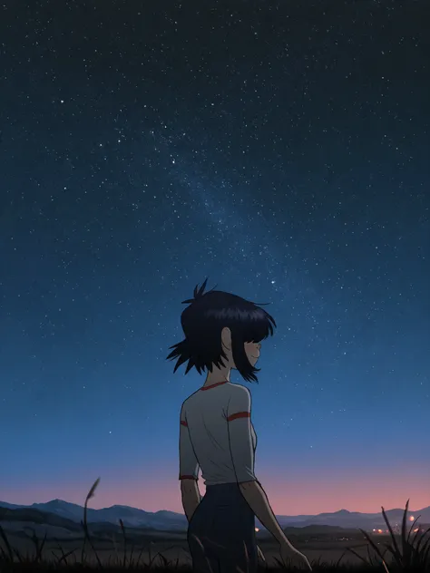 (masterpiece,best quality,newest,absurdres,highres), N00dl3P2, 1girl, solo, short hair, black hair, hair over eyes, romantic, stargazing, open field, night sky, starscape, ethereal lighting, soft rimlight, atmospheric, night ambiance