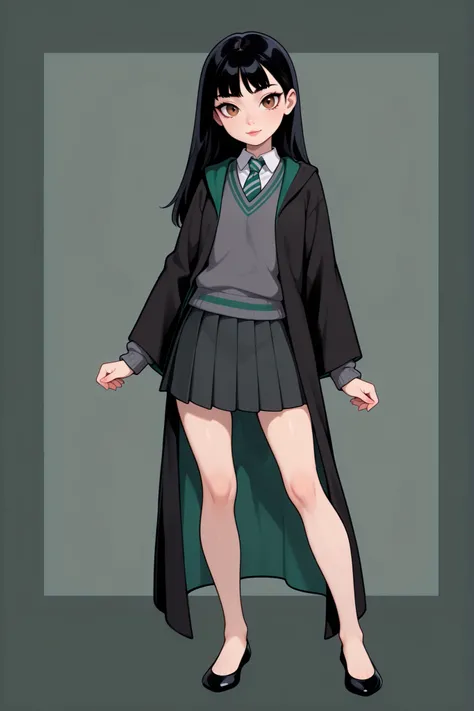 score_9, score_8_up, score_7_up, best quality, masterpiece, 4k resolution, 1girl, solo, youthful, young, beautiful, full body, long straight hair, pitch black hair, brown eyes, sharp eyes, looking at viewer, elegant posture, bare legs, smooth body, clean s...