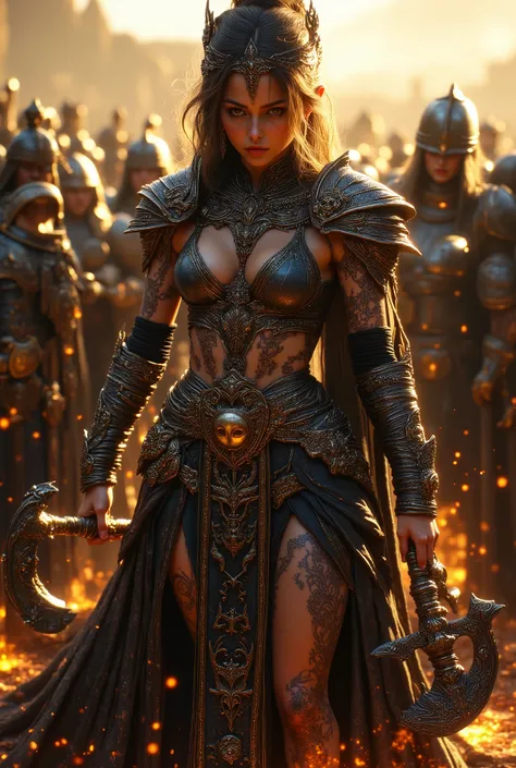 A fierce female warrior stands prominently in the foreground, wielding two battle axes, showcasing intricate body tattoos (detail:1.2). Her expression is intense, reflecting determination and strength. The character wears minimal yet rugged armor, with a d...