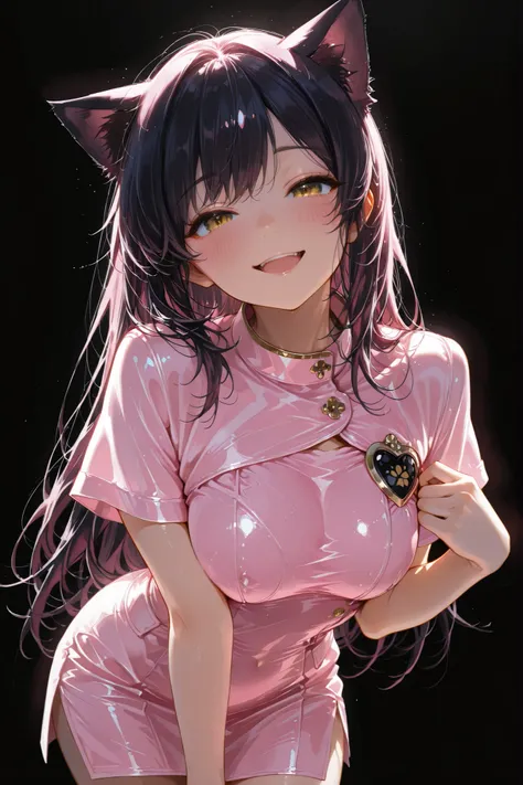 (masterpiece, best quality, ultra-detailed), (cute, smile, open mouth), a very realistic photo of a beautiful 18-year-old Japanese nurse, wearing a tight and nurse dress, featuring a high side slit mini skirt and chest detail, (black background:1.5),long h...