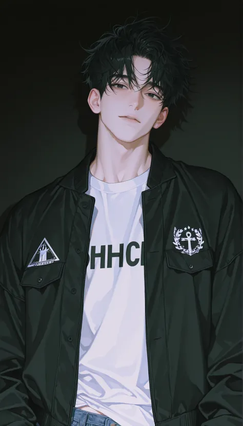 1 male, solo, alone, 26 year old male, handsome, adult, mature, beautiful masterpiece, black hair, black eyes, short hair, messy hair, decadent beauty, sexy, wearing a white t-shirt, open black jersey jacket, wearing a jeans, looks tierd, alone, dark livin...